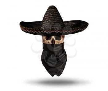 human skull in wide-brimmed dark mexican hat and bandanna isolated on white background