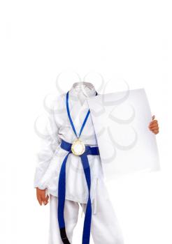 template of a young karateka in a white kimono and a blue belt for competitions with a medal and a diploma with an empty place instead of a face in order to insert the photo you need.
