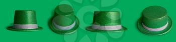 Green carnival bowler hat for St. Patrick's Day celebration on a green background in various positions.