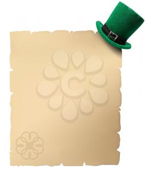 Background from an old paper papyrus for St. Patrick with an empty place for text with a leprechaun hat hanging on the corner and a clover stamp