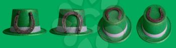 Leprechaun's green carnival hat for St. Patrick's Day holiday and steel horseshoe a symbol of good luck in various positions