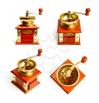 old manual wooden coffee grinder in several projections on a white background