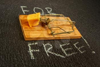conceptual picture of a mousetrap with a piece of cheese and the inscription FOR FREE on a dark background