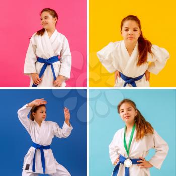 Funny pictures of a little karate girl on colorful backgrounds from posing and performance to victory