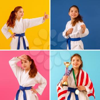 Funny pictures of a little karate girl on colorful backgrounds from posing and performance to victory
