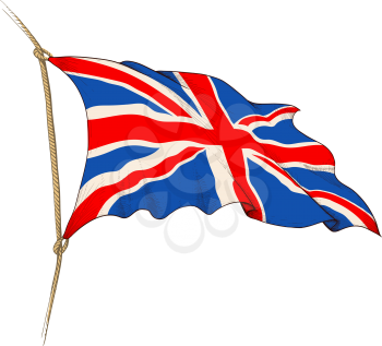 Beautiful waving UK flag painted in retro style as an engraving. Isolated on white background.