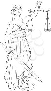 Simple Black Silhouette of Themis Goddess of Justice with a blindfold and a scale in one hand and a sword in the other