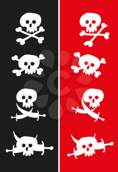 A few simple variations of the Jolly Roger pirate flag on a red and black background