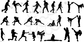 25 black silhouettes of girls and boys playing soccer with the ball and doing martial arts
