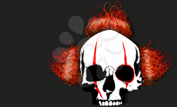 angry human skull with red shreds of sloppy clown hair