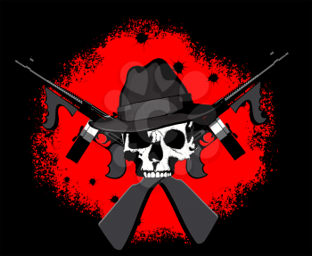 Mafioso skull in Fedor's hat with two crossed Tommy assault rifles on a blood-red and black background