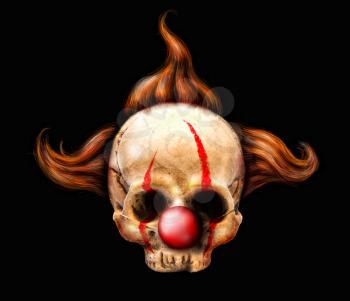 human skull with red clown hair and nose on Isolated on a black background