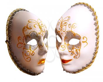 Two theatrical masks of comedy and tragedy smiling and sad isolated on white background