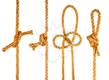 set of several nautical knots from rough ship rope isolated on white background