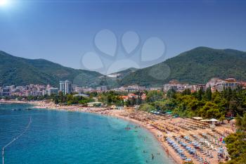 panorama of the central public beach in Budva Montenegro with not very many tourists