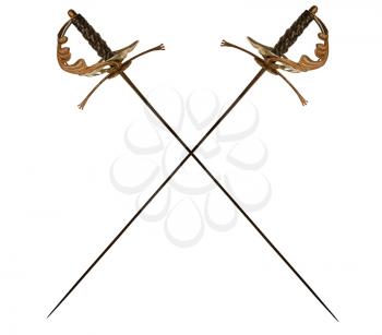 two decorated vintage crossed epees for fencing isolated on white background