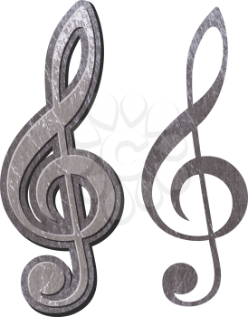 treble clef in scratched shiny metal for heavy music isolated on white background
