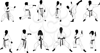 a dozen silhouettes of karate kids in kimonos in different defensive and attacking positions