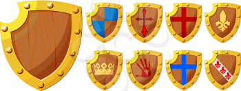 A small set of wooden knight shields forged with iron with various heraldic emblems