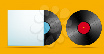 realistic music record in envelope and without packaging on yellow background