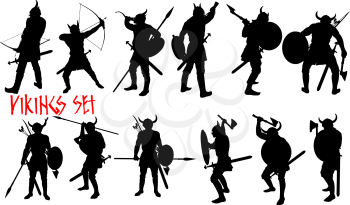 a dozen silhouettes of ancient Viking warriors with weapons in horned helmets, different poses. Black on white background
