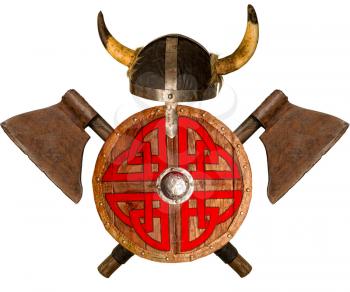 crossed rusty battle axes wooden shield and horned viking helmet