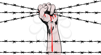 A strong male bloodied hand grips rows of barbed wire in a fist