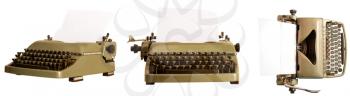 old mechanical typewriter with blank sheet of paper in several different positions isolated on white background