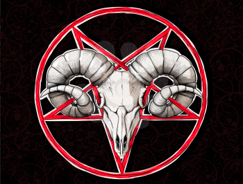 devilish symbol pentagram upside down star and goat or ram skull on dark patterned background