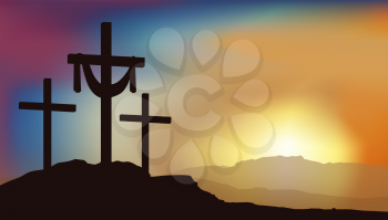 three crosses for crucifixion stand on Mount Golgotha against the background of sunrise 