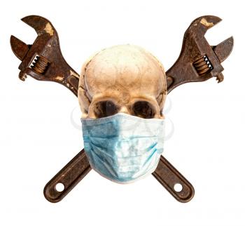 plumber or mechanic skull in antiviral medical mask isolated on white background with two crossed adjustable wrenches