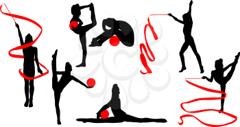 set of flexible girls doing rhythmic gymnastics with ball and ribbon silhouettes on white background 