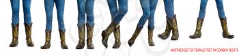 a small set of slender girlish legs in blue jeans and classic leather American cowboy boots in several poses isolated on a white background 