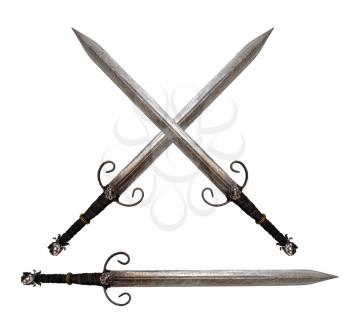 crossed long vintage knight swords isolated on white background