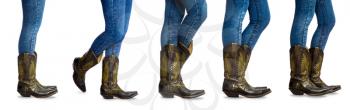 a small set of slender girlish legs in blue jeans and classic leather American cowboy boots in several poses isolated on a white background 