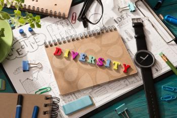 diversity concept - inscription and office supplies on the desk 