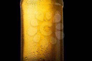 Cold wet beer bottle close up on the dark background