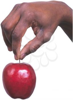 Royalty Free Photo of a Hand Holding an Apple by The Stem 