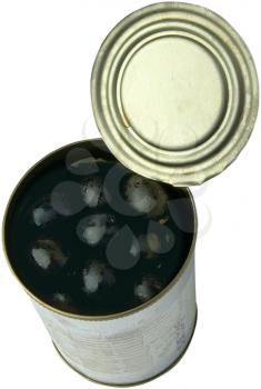 Royalty Free Photo of a Bird's Eye View of an Open Tin Can of Black Olives on a White Background