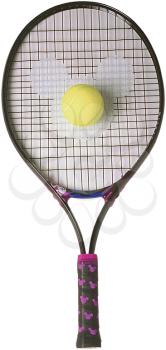 Royalty Free Photo of a Tennis Racket and Tennis Ball with Mickey Mouse Emlem