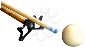 Royalty Free Photo of a Pool Cue and Ball on a White Background