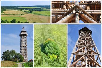 Collage from photos of new lookout tower in middle of Bohemia in Czech Republic.