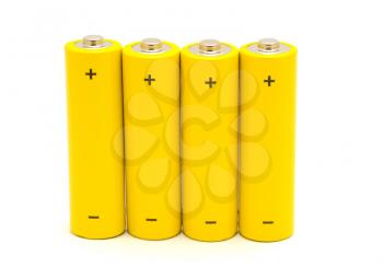Row of yellow AA batteries on a white background.