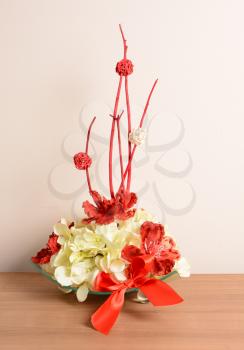 Interior decoration, decorative red flower on the porcelain tray.