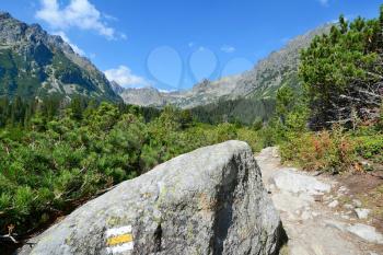 Hiking trail in High Tatras mountain with yellow mark on rock.