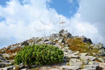
Wooden cross on top of the Predne Solisko peak in High Tatras mountain.