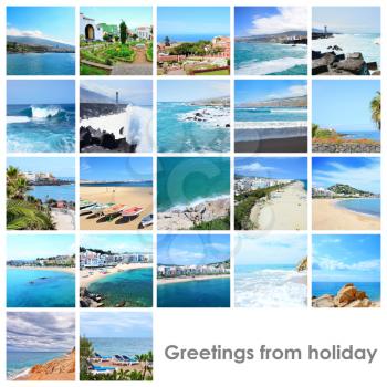 Collage of photos with places from resorts in Spain with sample text. Ideal for use as postcard or in travel catalog.