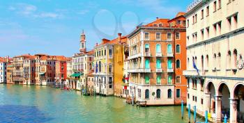 Venice Grand Canal view with buildings. Vivid colors.