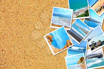 Heap of holidays pictures with beach and sea on sandy beach background.