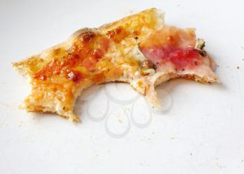 Closeup of leftover pizza Capricciosa on white plate.